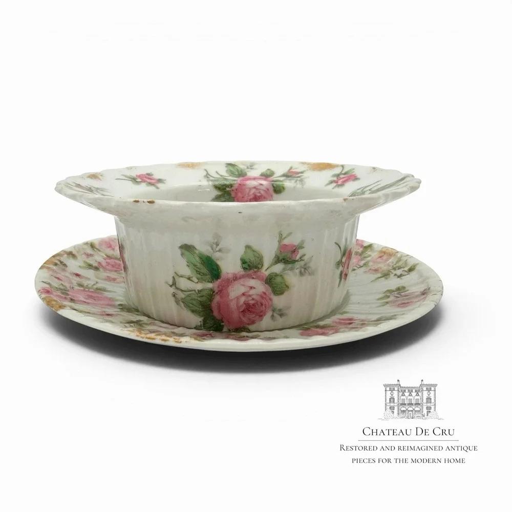 Vintage GDA Limoges France Floral Porcelain Custard Cup and Saucer‎ Set